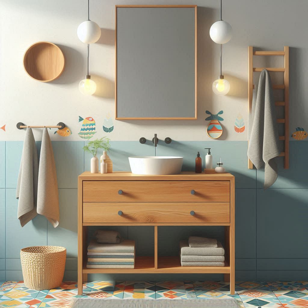 Badezimmer mit Waschtischplatte aus Holz Eiche Esche geölt