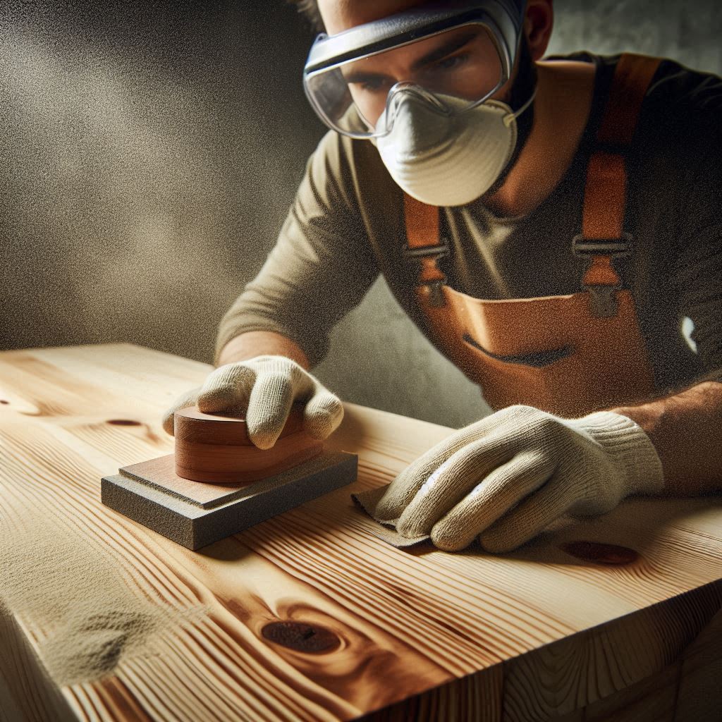 Mann schleift eine Tischplatte aus Holz