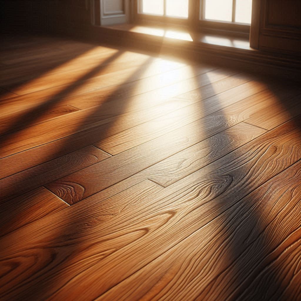 Holzfußboden im Wohnzimmer mit Sonne aus Eiche Esche Buche Fichte Kiefer