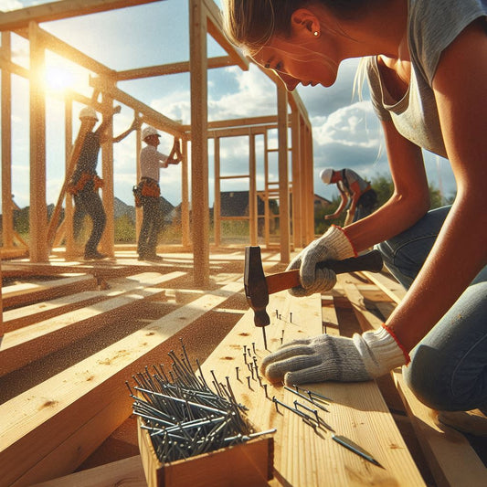 Holz im Bau Bauen Nägel Frau Hammer Massivholz