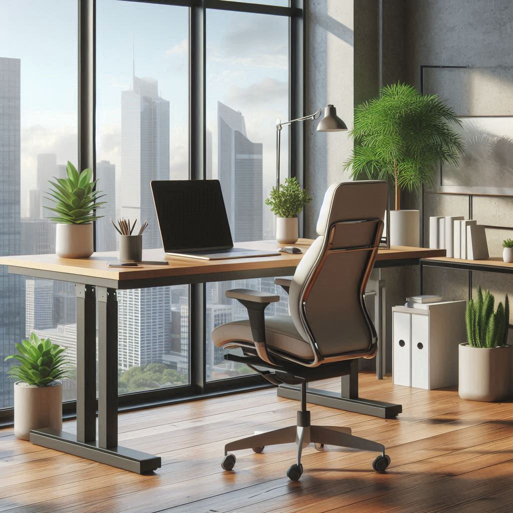 Ergonomischer Arbeitsplatz mit Holzschreibtisch