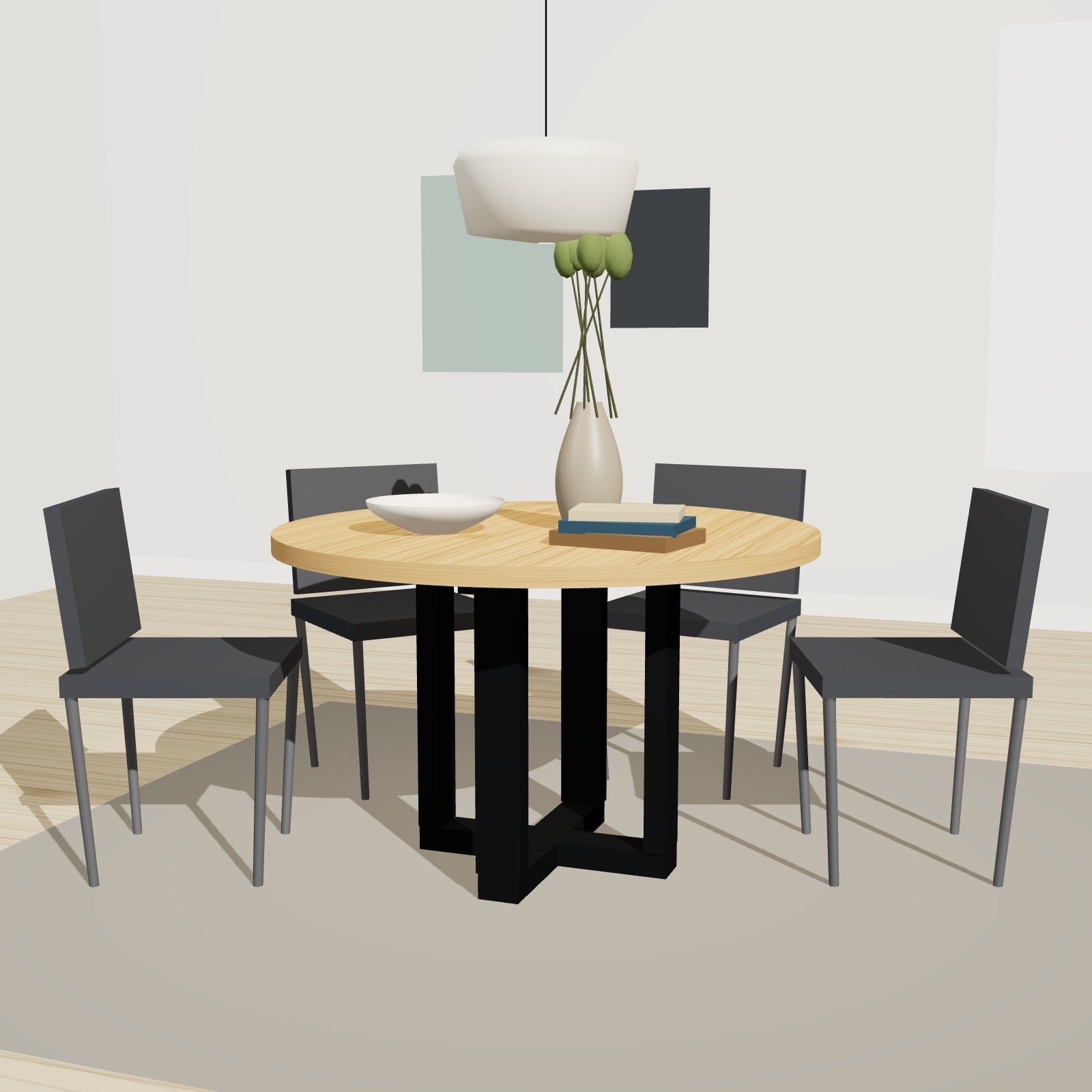Mittelfuß quadratisch mit Kreuzsockel 78 x 78 cm, Stahl – Runder Tisch mit quadratischem Mittelfuß aus Stahl und Holzplatte im Wohnraum