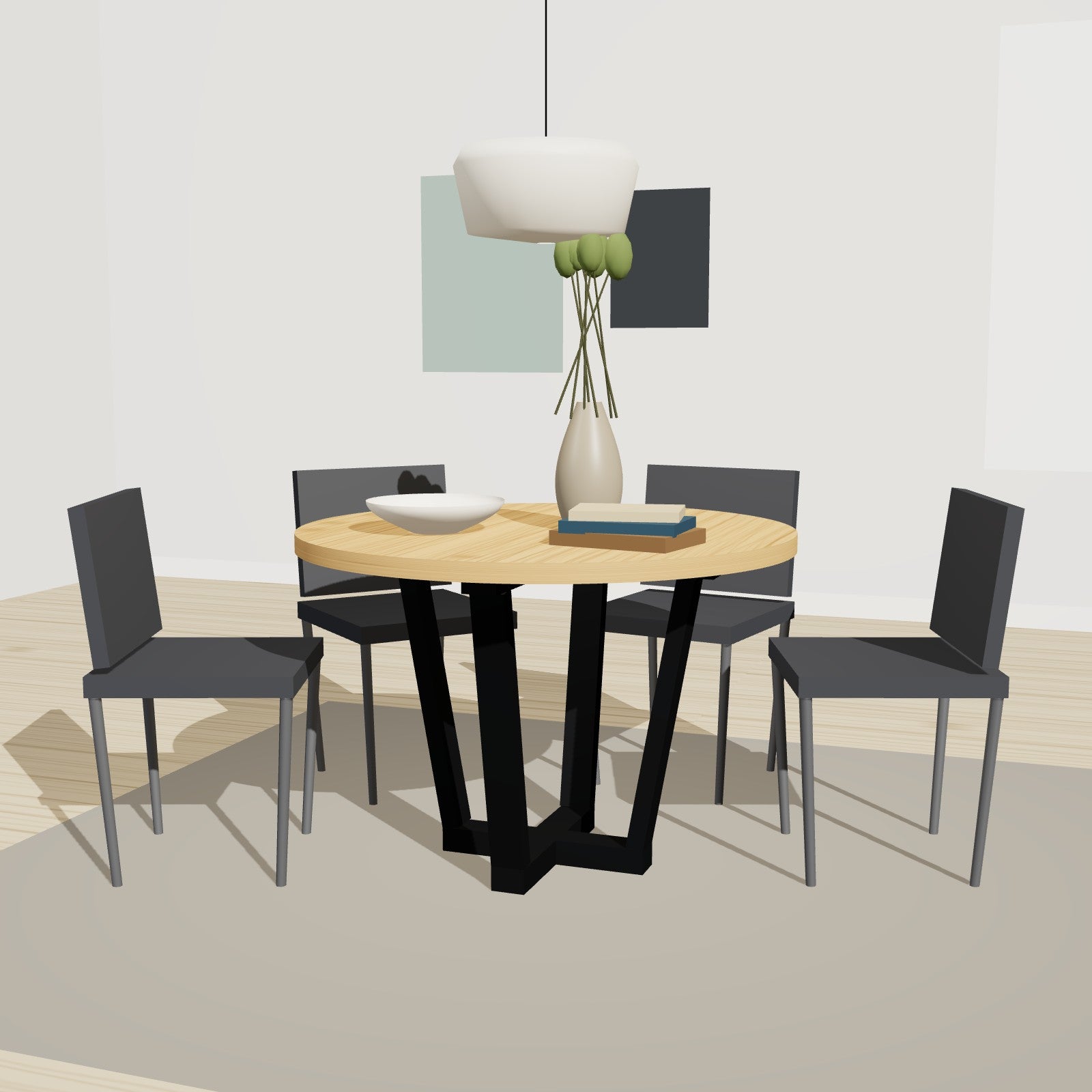 Pfostenfuß für Tisch mit vier Stützen 78 x 78 cm, Stahl – Runder Tisch mit Pfostenfuß aus Stahl und Massivholzplatte im Wohnraum