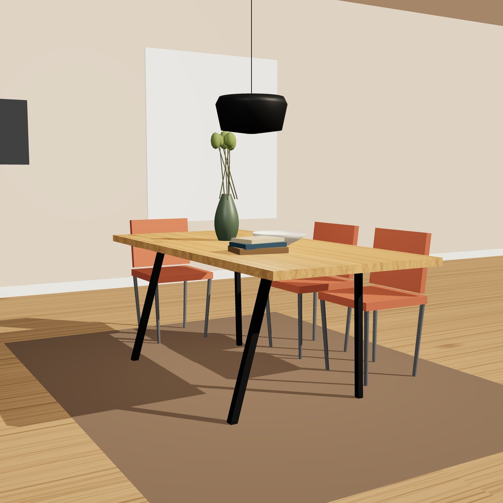 Spreizbeine für Tisch 91 x 72 cm aus Stahl, schwarz – Tisch mit Spreizbeinen aus Stahl und Massivholzplatte im Wohnraum