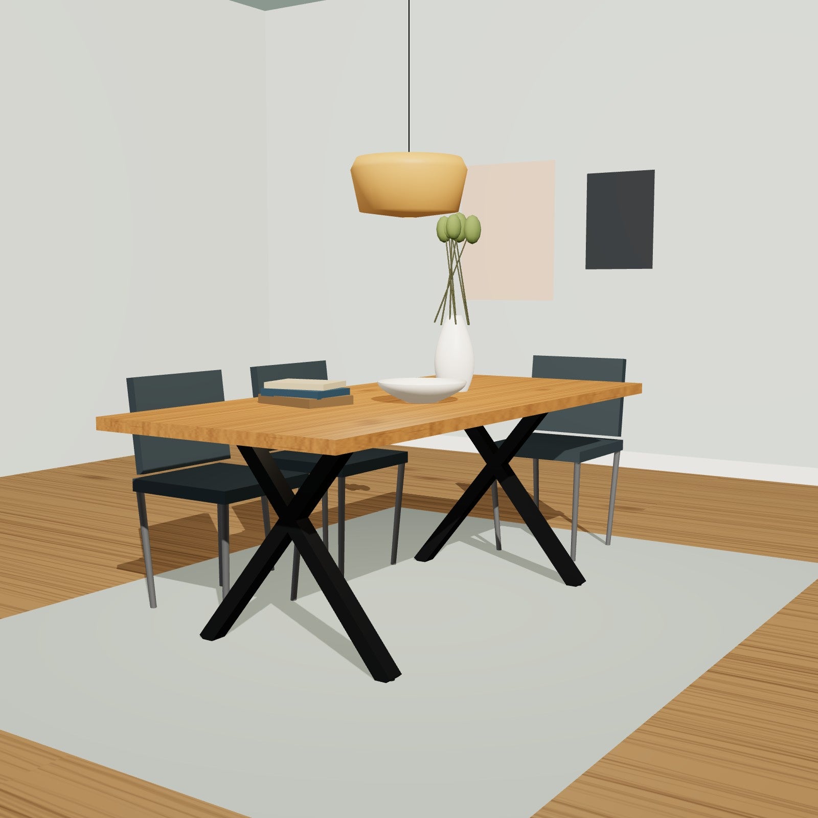X-Tischgestell mit breitem Stand, 78 x 72 cm, Stahl schwarz – Esszimmer mit Holztisch auf X-Tischgestell mit breitem Stand aus Stahl